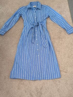 Universal Thread Blue and White Striped Long Sleeve Shirt Dress with Tie Waist S